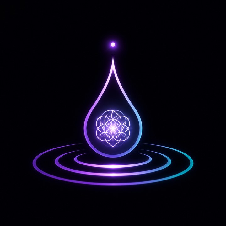 Harmonic Dose logo: a glowing water drop with a flower-of-life center above rippling water